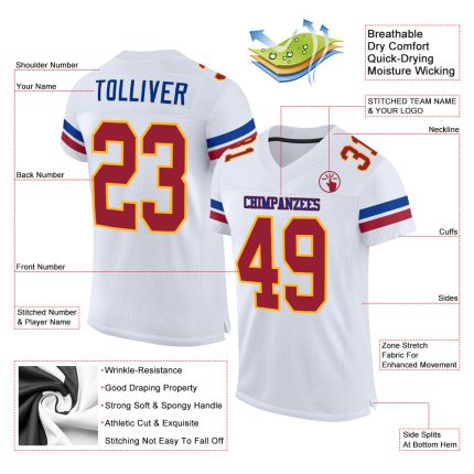 Custom Personalized Cardinal-Gold Football Jersey with Name and Number - Mesh Authentic Team Apparel Personalized White Cardinal-Gold