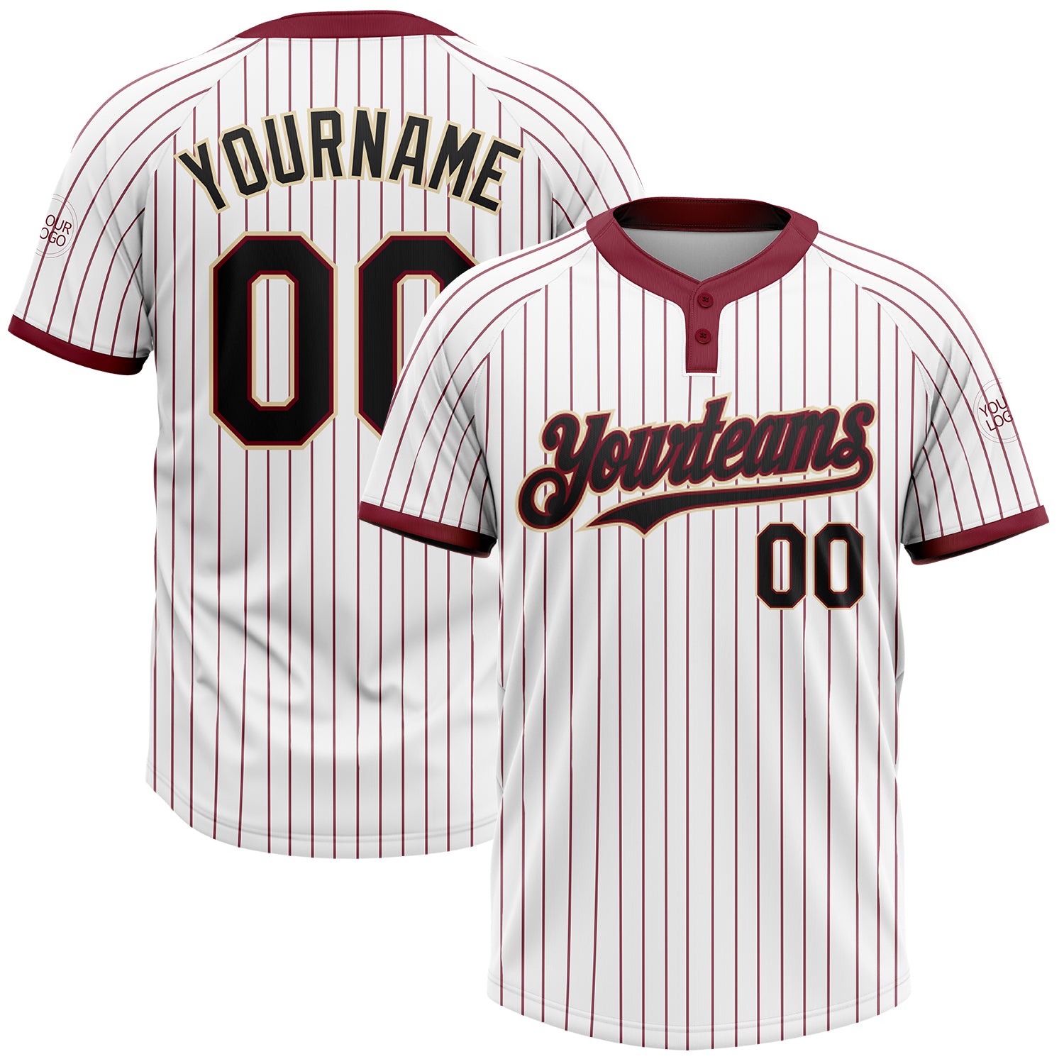 Custom Name and Number Unisex Softball Jersey - Personalized Black-Cream Two-Button White Crimson Pinstripe Personalized