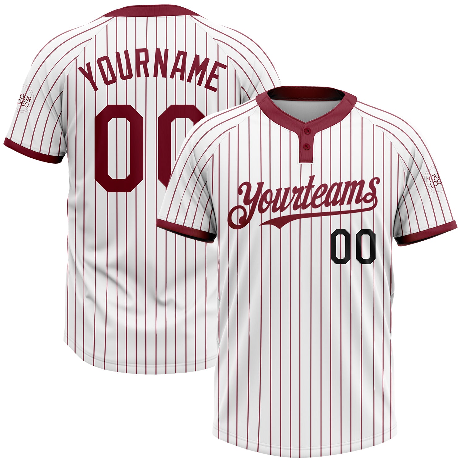 Custom Name and Number Unisex Softball Jersey - Personalized Black and White Crimson Pinstripe Two-Button Design Personalized