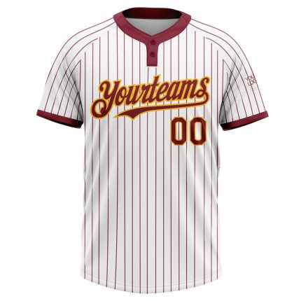 Custom Name and Number Personalized Softball Jersey Unisex Gold Two-Button White Crimson Pinstripe Personalized White Crimosn