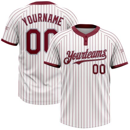 Custom Name and Number Unisex Softball Jersey - Personalized Gray Two-Button White Crimson Pinstripe Design Personalized