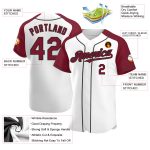 Custom white, crimson and black raglan sleeve baseball jersey, detail of the printed panel
