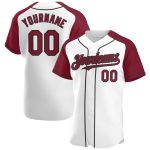 Custom white, crimson and black raglan sleeve baseball jersey