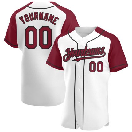 Custom white, crimson and black raglan sleeve baseball jersey