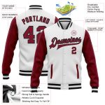 Custom Name and Number Varsity Letterman Bomber Jacket in White Crimson-Black Two Tone Full-Snap Design Personalized White