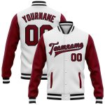 Custom Name and Number Varsity Letterman Bomber Jacket in White Crimson-Black Two Tone Full-Snap Design Personalized White