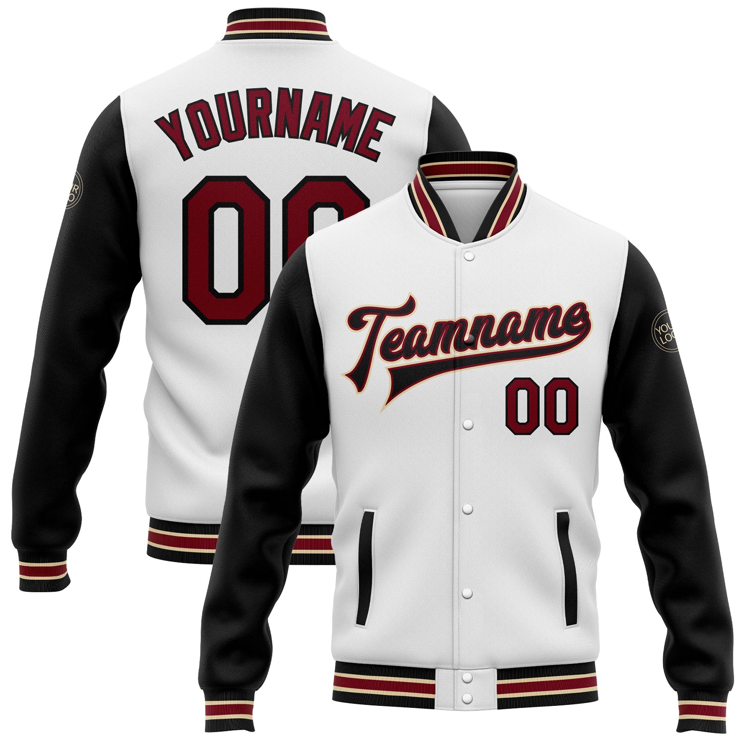 Custom Team Name Number Varsity Letterman Bomber Jacket - Personalized White Crimson Black Two Tone Full-Snap Cream Personalized