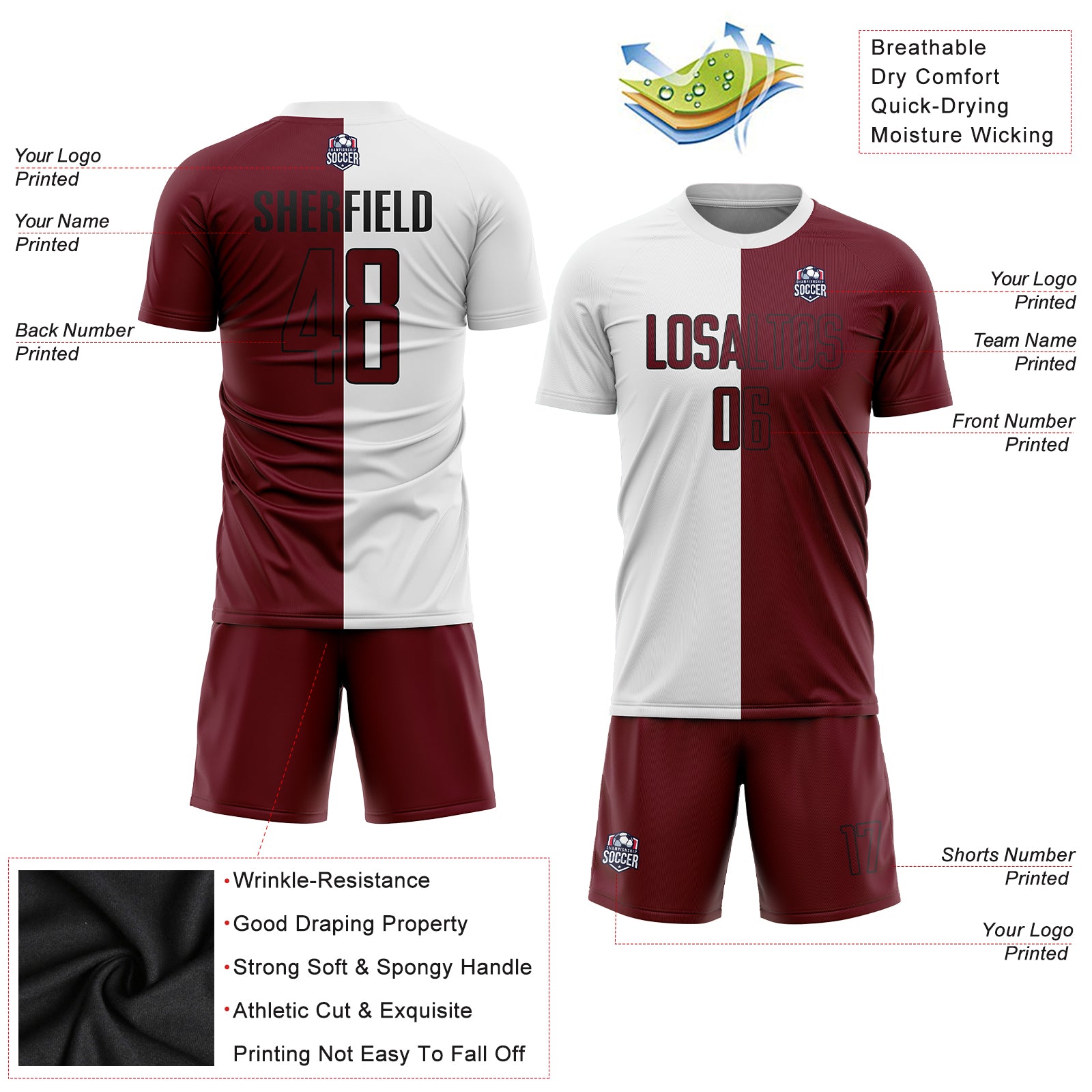 Personalized White Crimson-Black Sublimation Split Fashion Soccer Uniform Jersey Team Custom Name and Number Custom Sublimation Soccer Jersey with Personalized Name and Number, White Crimson-Black Split Design - Fashion Uniform Personalized - Image 3