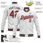 Custom Varsity Letterman Jacket with Personalized Name and Number - White Crimson Black Bomber Full-Snap Design Personalized