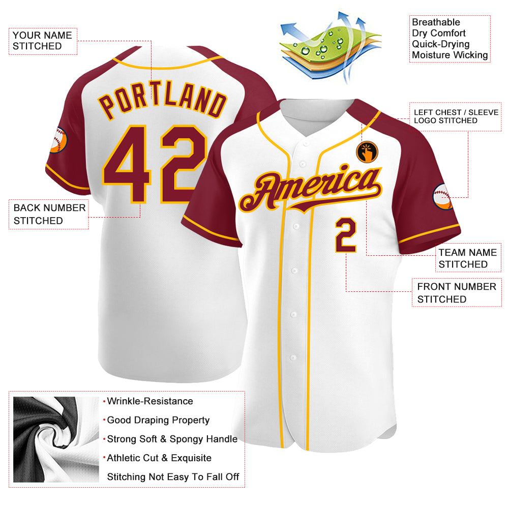 Personalized White Crimson-Gold Authentic Raglan Sleeves Baseball Jersey Team Custom Name and Number Custom Name Number Baseball Jersey - Personalized White Crimson Gold Authentic Raglan Sleeves Personalized White Crimson-Gold - Image 3