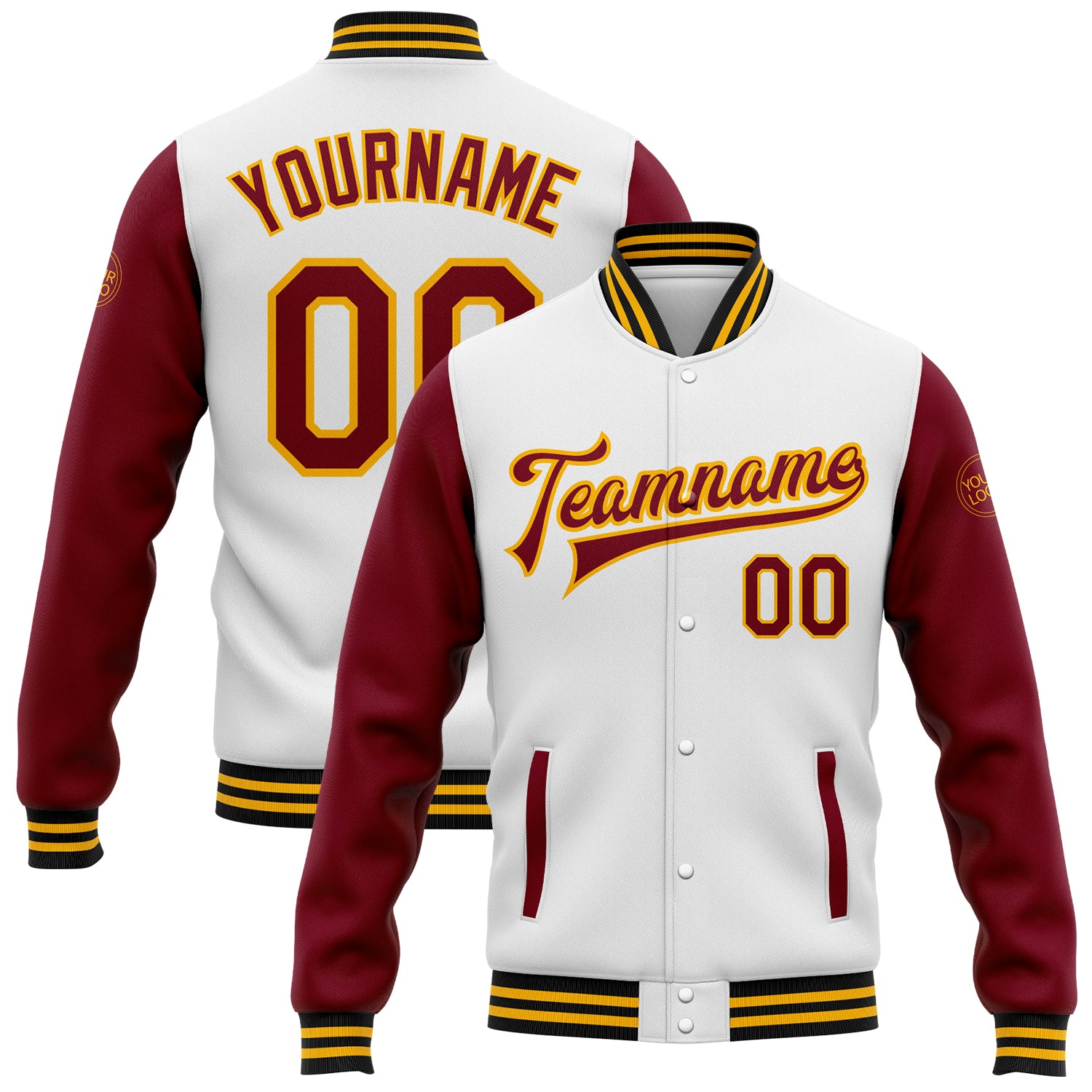 Custom Name and Number Two Tone Bomber Varsity Letterman Jacket - Personalized White Crimson Gold-Black Personalized White