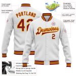 Custom Name and Number Crimson-Gold White Bomber Varsity Letterman Jacket - Personalized Team Apparel Personalized White