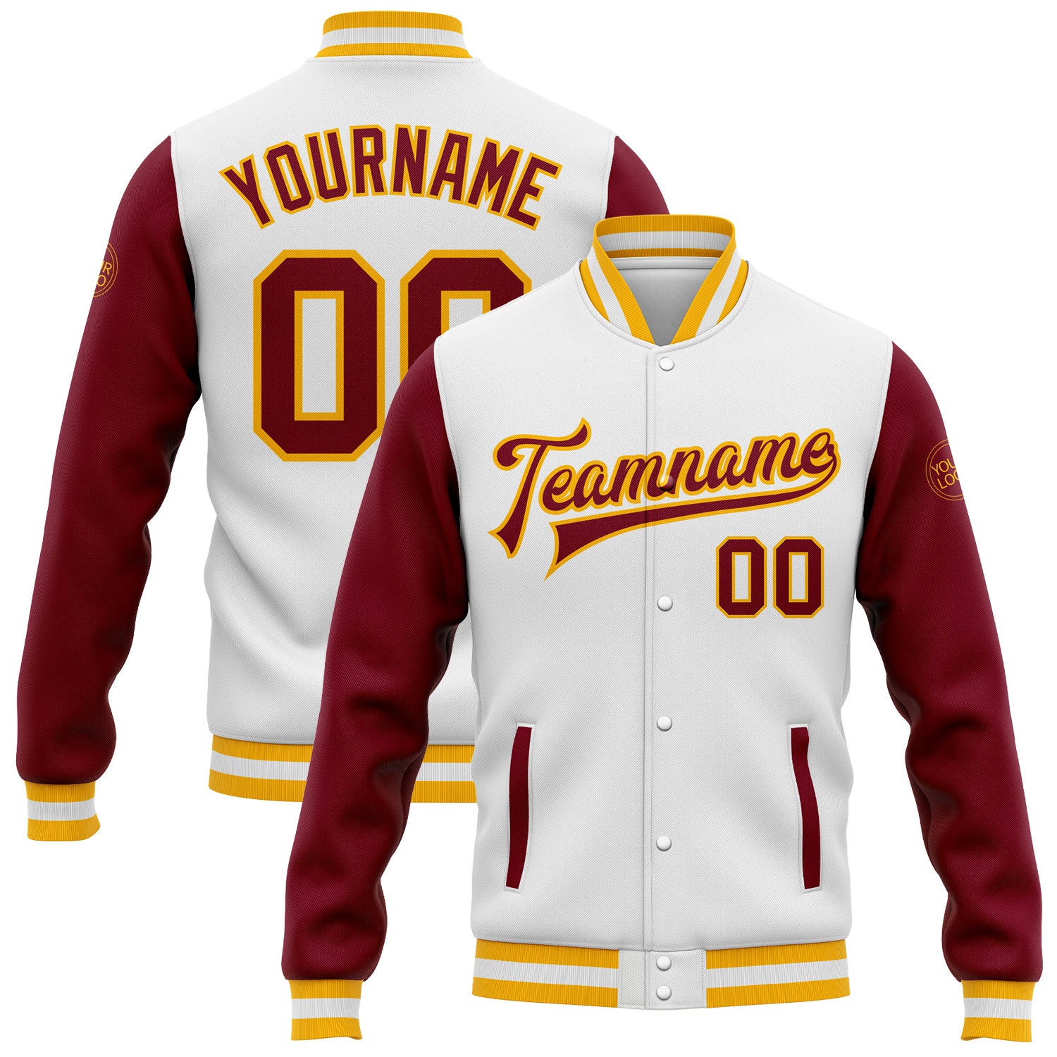 Custom Name Number Varsity Letterman Jacket Crimson Gold Bomber Full-Snap Two Tone Personalized Team Apparel Personalized