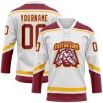 Custom Name and Number Hockey Jersey - Personalized White Crimson and Gold Lace Neck Team Apparel Personalized White Crimson-Gold