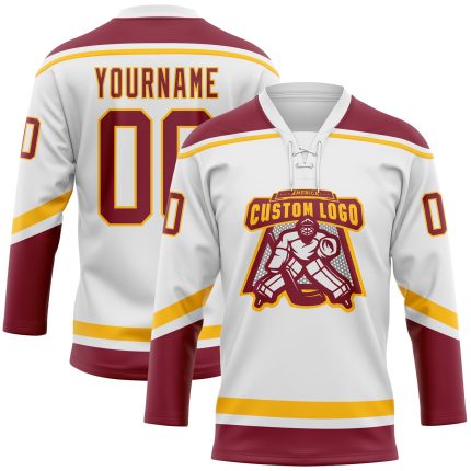 Custom Name and Number Hockey Jersey - Personalized White Crimson and Gold Lace Neck Team Apparel Personalized White Crimson-Gold