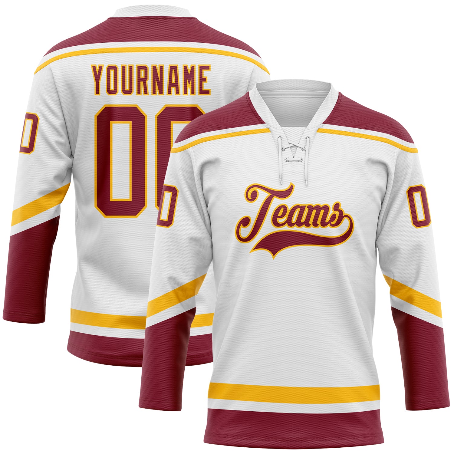 Custom Name and Number Hockey Jersey - Personalized White Crimson and Gold Lace Neck Team Apparel Personalized White Crimson-Gold