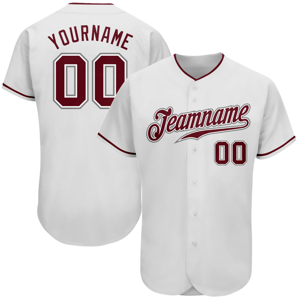Custom Team Name and Number Baseball Jersey - Personalized White Crimson-Gray Authentic Design Personalized White Crimson-Gray