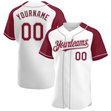 Custom Baseball Jersey with Personalized Name and Number - White Crimson Gray Authentic Raglan Sleeves Personalized White