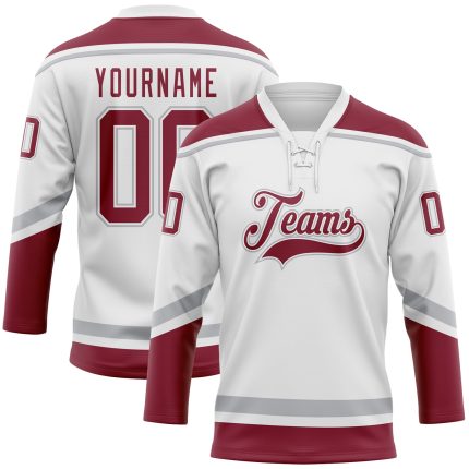 Custom Crimson-Gray Hockey Jersey with Personalized Name and Number - White Lace Neck Team Gear Personalized White Crimson-Gray