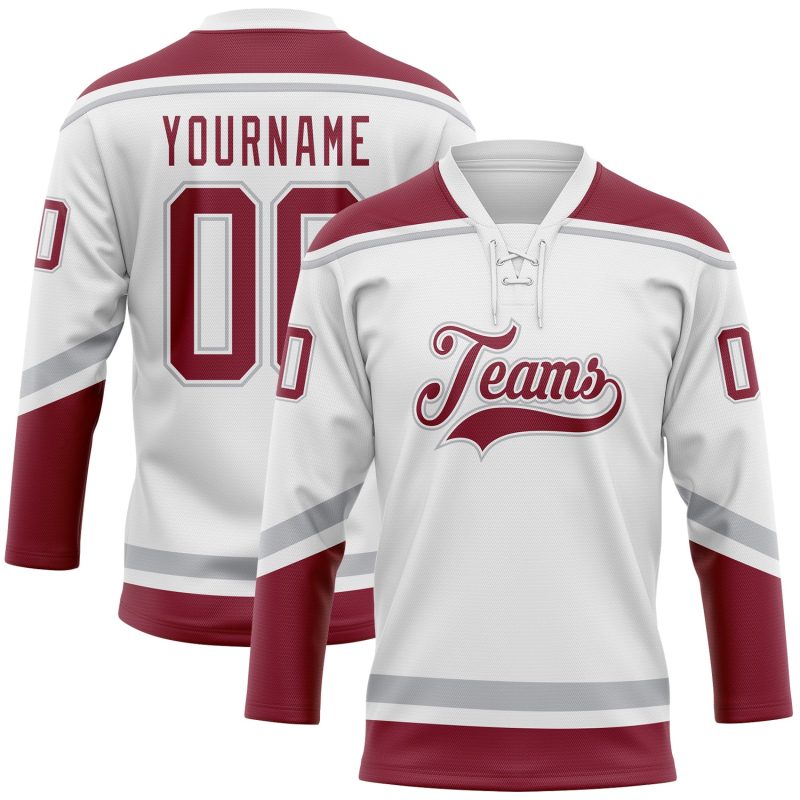 Custom Crimson-Gray Hockey Jersey with Personalized Name and Number - White Lace Neck Team Gear Personalized White Crimson-Gray