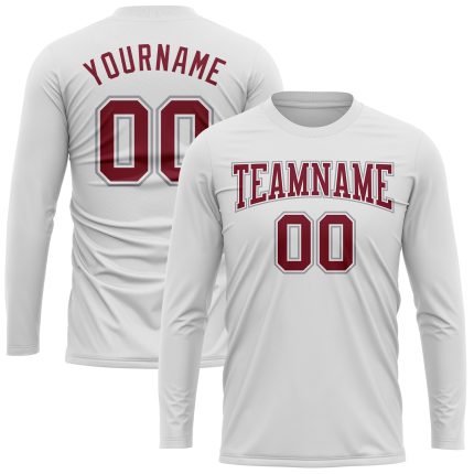 Custom Team Performance T-Shirt with Personalized Name and Number - White Crimson-Grey Long Sleeve Personalized White Crimson-Gray