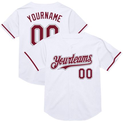 Custom Name & Number Personalized Throwback Baseball Jersey - White Crimson-Gray Mesh Authentic Team Jersey Personalized