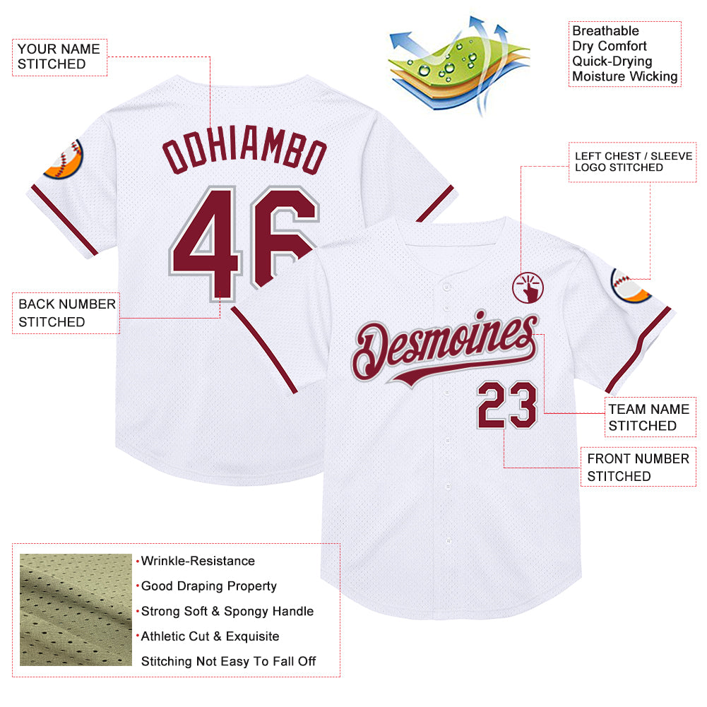 Personalized White Crimson-Gray Mesh Authentic Throwback Baseball Jersey Team Custom Name and Number Custom Name & Number Personalized Throwback Baseball Jersey - White Crimson-Gray Mesh Authentic Team Jersey Personalized - Image 3