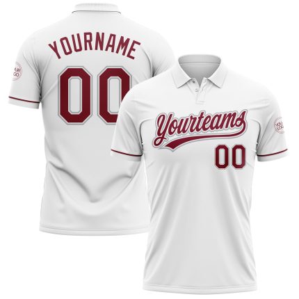 Custom Team Name Number Performance Golf Polo Shirt in White Crimson-Gray Personalized White Crimson-Gray Performance Vapor