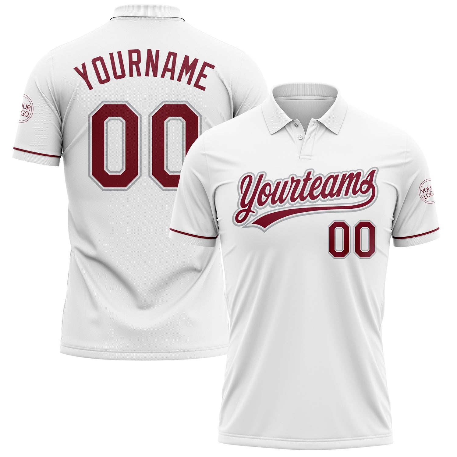 Custom Team Name Number Performance Golf Polo Shirt in White Crimson-Gray Personalized White Crimson-Gray Performance Vapor