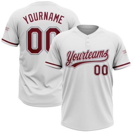 Personalized Unisex Softball Jersey - White Crimson-Gray Two-Button Design Personalized White Crimson-Gray Two-Button Unisex