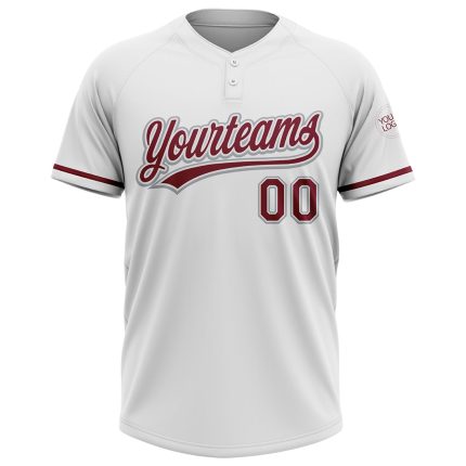 Personalized Unisex Softball Jersey - White Crimson-Gray Two-Button Design Personalized White Crimson-Gray Two-Button Unisex