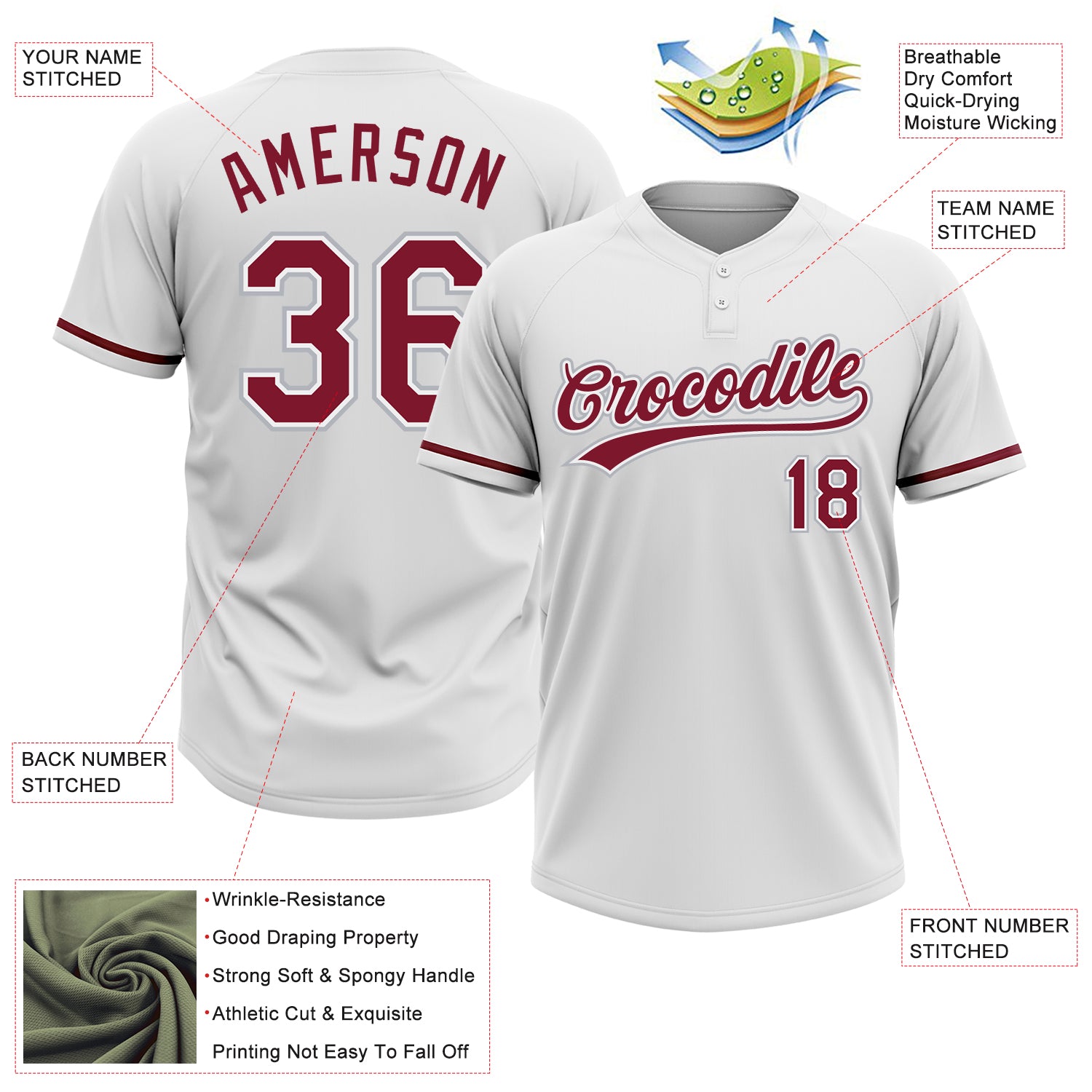 Personalized White Crimson-Gray Two-Button Unisex Softball Jersey Personalized Unisex Softball Jersey - White Crimson-Gray Two-Button Design Personalized White Crimson-Gray Two-Button Unisex - Image 3