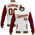 Custom Two Tone Bomber Jacket with Name and Number - Personalized White Crimson Old Gold-Black Varsity Letterman Full-Snap