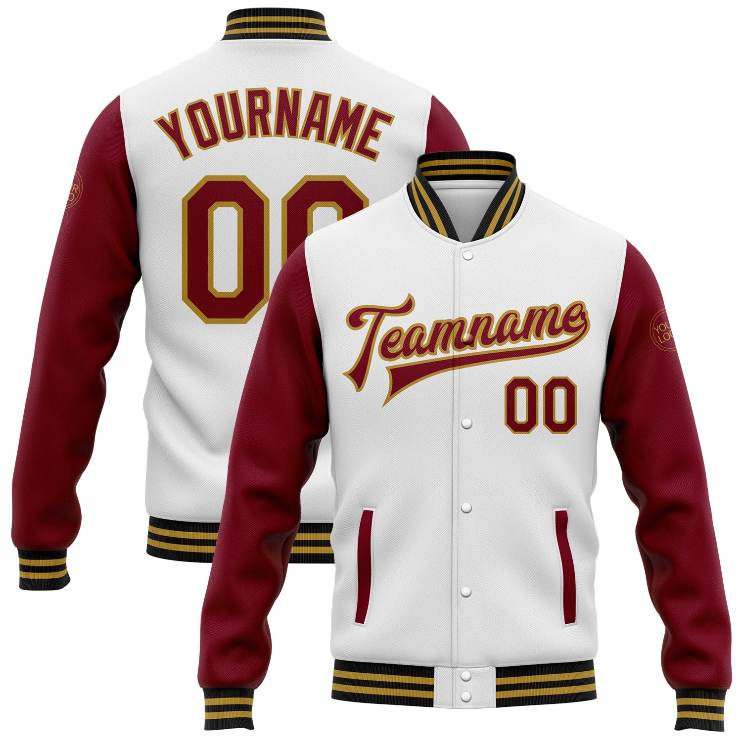 Custom Two Tone Bomber Jacket with Name and Number - Personalized White Crimson Old Gold-Black Varsity Letterman Full-Snap