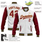 Custom Two Tone Bomber Jacket with Name and Number - Personalized White Crimson Old Gold-Black Varsity Letterman Full-Snap