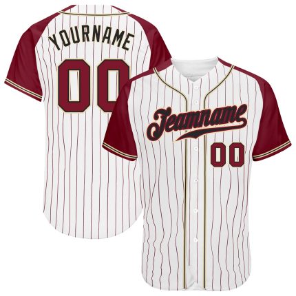 Custom Name and Number Personalized White Crimson Pinstripe Baseball Jersey with Raglan Sleeves - Authentic Team Apparel