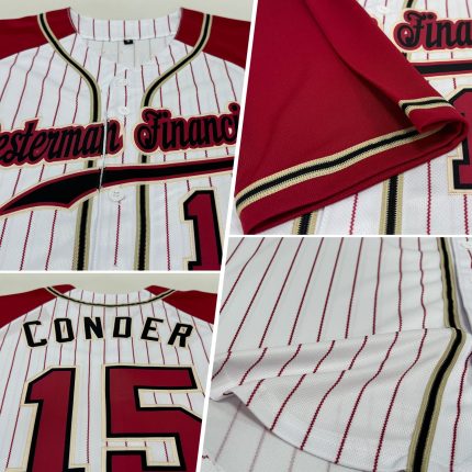 Custom Name and Number Personalized White Crimson Pinstripe Baseball Jersey with Raglan Sleeves - Authentic Team Apparel