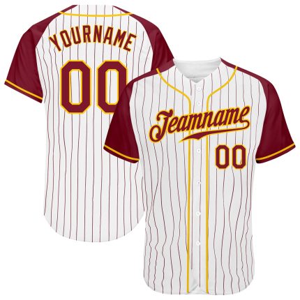 Custom Personalized Crimson Gold Baseball Jersey with Pinstripes, Authentic Raglan Sleeves, Name & Number Personalized White