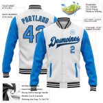 Custom Team Name and Number Two Tone Bomber Jacket - Personalized White Electric Blue-Black Full-Snap Varsity Letterman Personalized