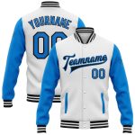 Custom Team Name and Number Two Tone Bomber Jacket - Personalized White Electric Blue-Black Full-Snap Varsity Letterman Personalized