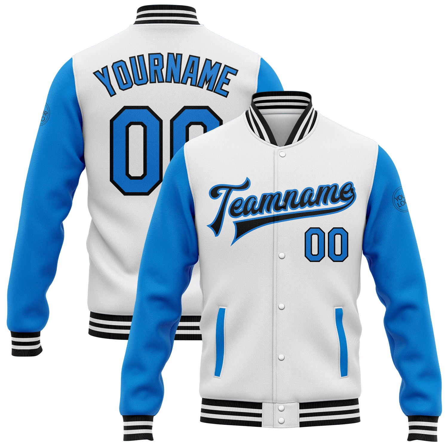 Custom Team Name and Number Two Tone Bomber Jacket - Personalized White Electric Blue-Black Full-Snap Varsity Letterman Personalized