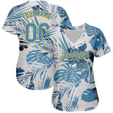 Personalized Hawaii Palm Leaves and Flowers Baseball Jersey Custom Name Number - Electric Blue-Gold 3D Pattern Design Personalized