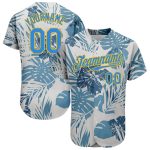 Personalized Hawaii Palm Leaves and Flowers Baseball Jersey Custom Name Number - Electric Blue-Gold 3D Pattern Design Personalized