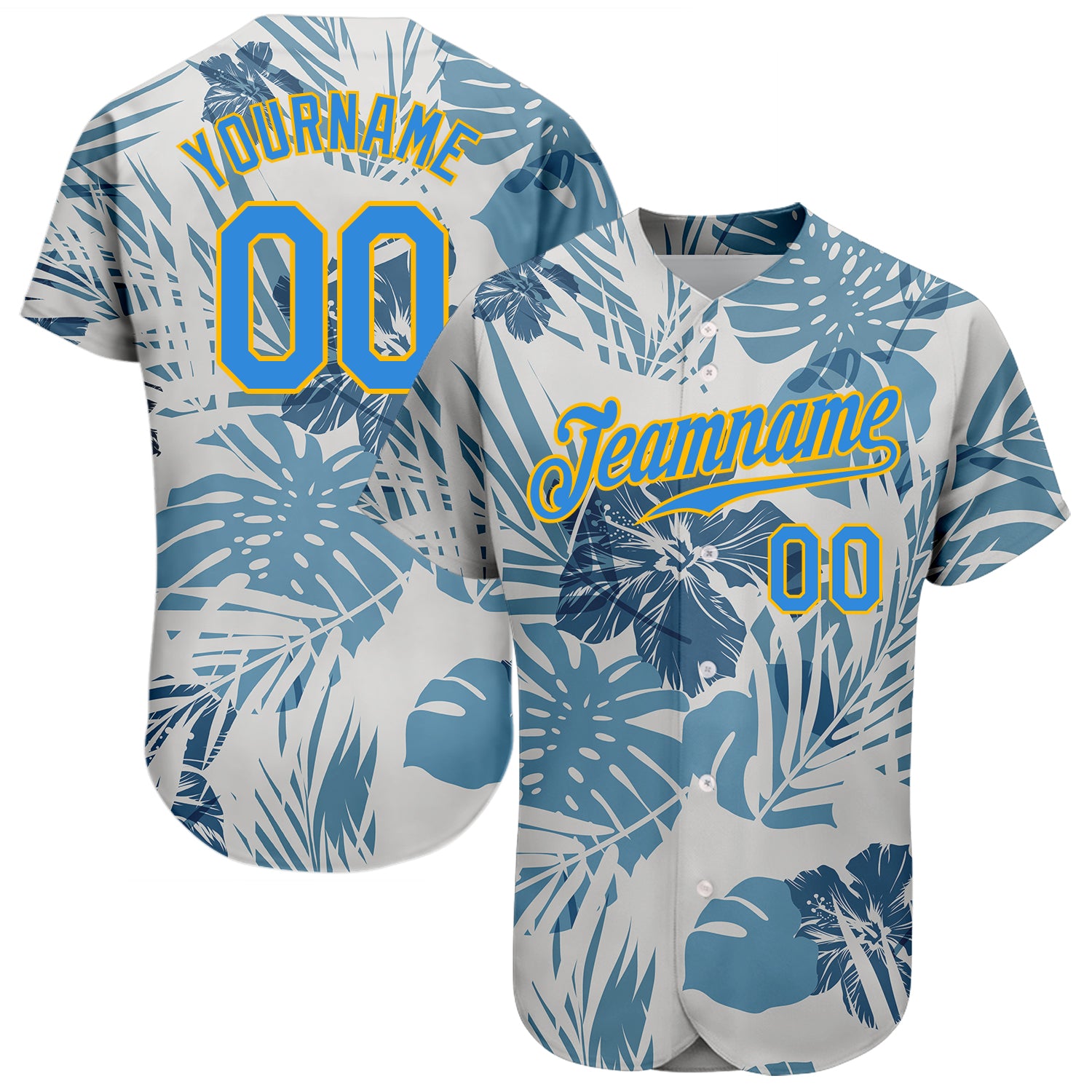 Personalized Hawaii Palm Leaves and Flowers Baseball Jersey Custom Name Number - Electric Blue-Gold 3D Pattern Design Personalized