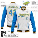 Custom Two-Tone Bomber Jacket with Team Name and Number - Electric Blue, Gold & Black Full-Snap Varsity Letterman Personalized