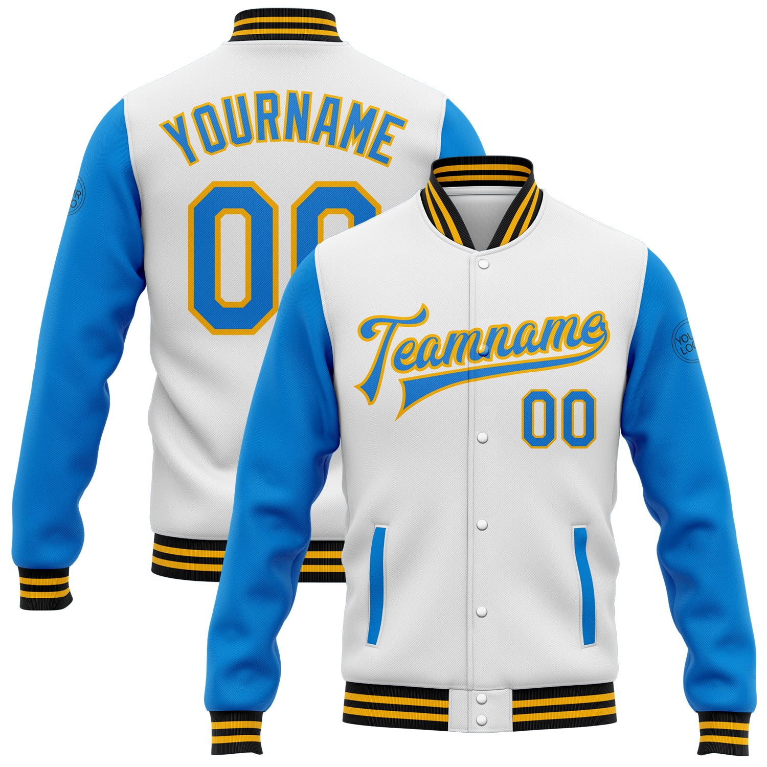 Custom Two-Tone Bomber Jacket with Team Name and Number - Electric Blue, Gold & Black Full-Snap Varsity Letterman Personalized