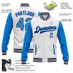 Custom Team Name Number Two Tone Bomber Jacket in Electric Blue Navy Full-Snap Varsity Style Personalized Apparel Personalized