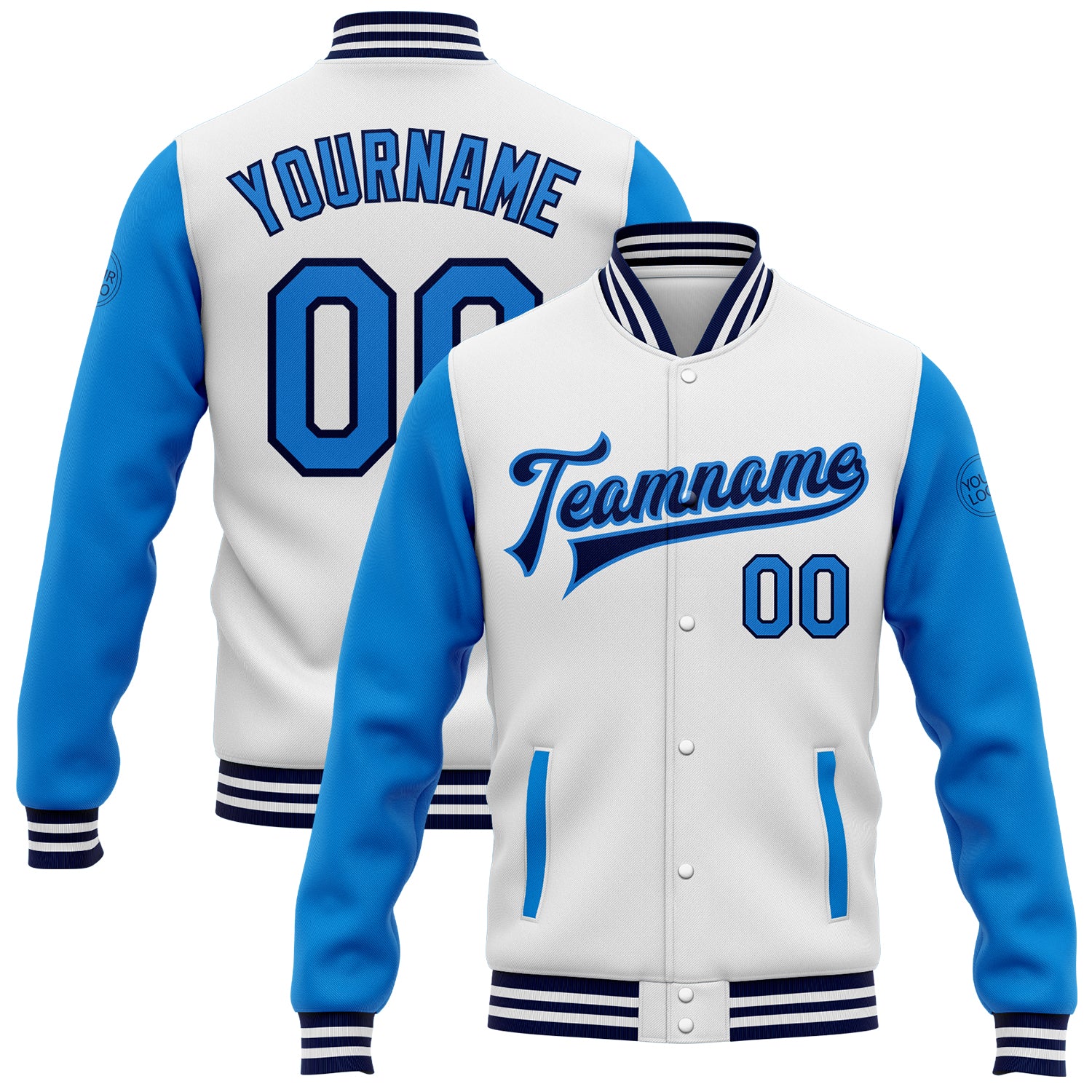 Custom Team Name Number Two Tone Bomber Jacket in Electric Blue Navy Full-Snap Varsity Style Personalized Apparel Personalized