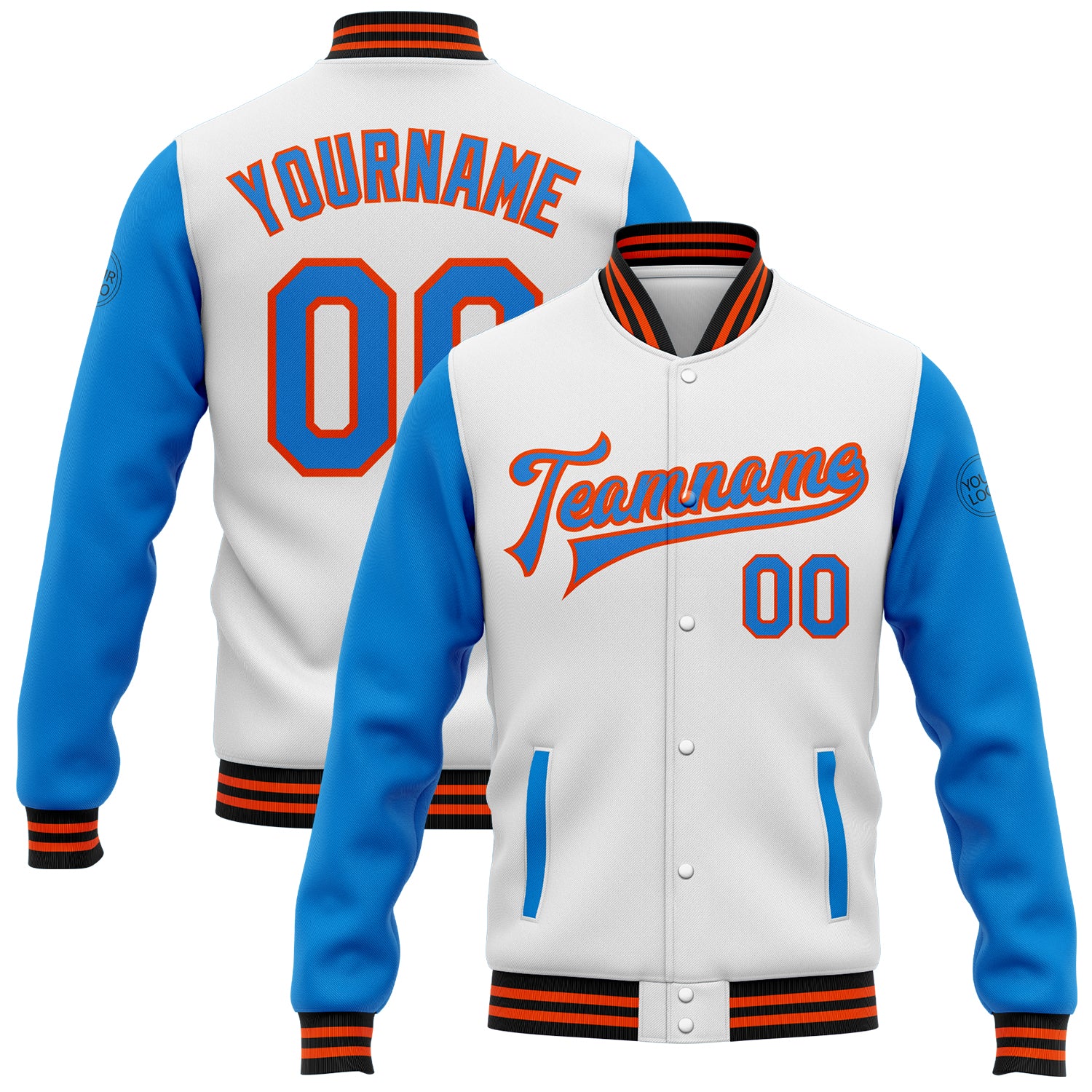 Custom Team Name Number Two Tone Bomber Varsity Jacket Personalized White Electric Blue Orange Black Full-Snap Personalized