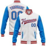 Custom Name Number Personalized Varsity Letterman Bomber Jacket Two Tone Electric Blue Red Full-Snap Team Style Personalized